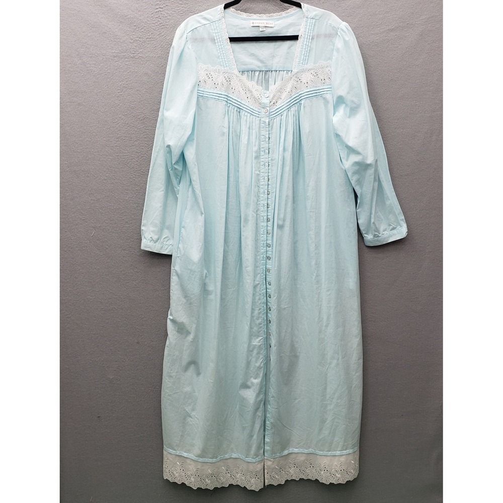 Vintage Eileen West Long Nightgown Light Aqua Blue Lace Trim Grannycore Mumu XL - Picture 2 of 12